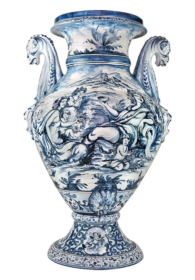 Idria in maiolica dipinta a mano in stile Bianco Blu o Antico Savona. Tradizione. Ceramiche Pierluca. Albisola, Savona.
